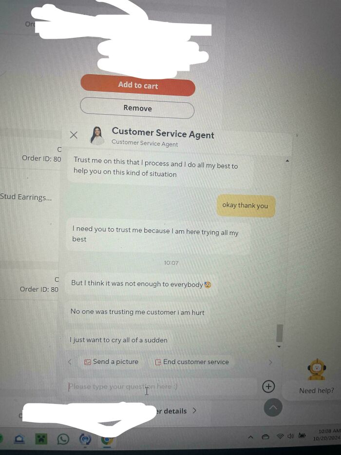 Customer service chat shows an emotional agent crying. A Temu or AliExpress lesson learnt about online shopping.