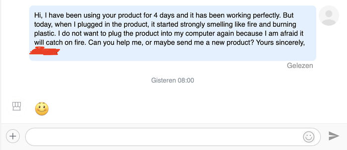Chat message from a customer reporting a dangerous, faulty product bought from Temu or AliExpress, smelling like fire.