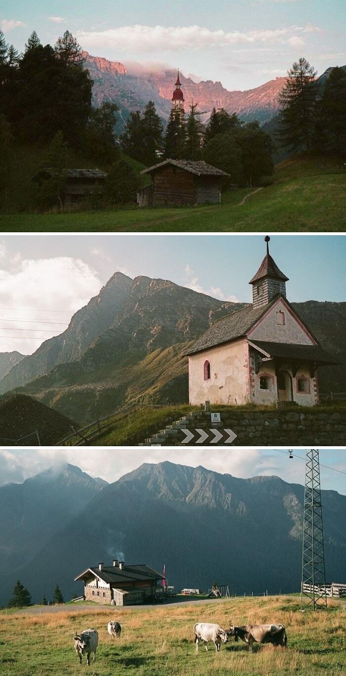 Breathtaking travel photos showcase mountain scenes: a village with a church at sunset, a small chapel, and cows grazing near a lodge.