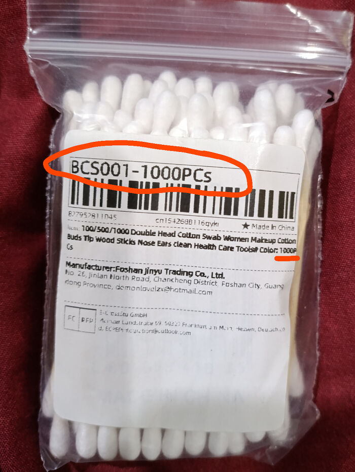 Close-up of a product label on a bag of 1000 cotton swabs. Details suggest an item ordered from Temu or AliExpress.