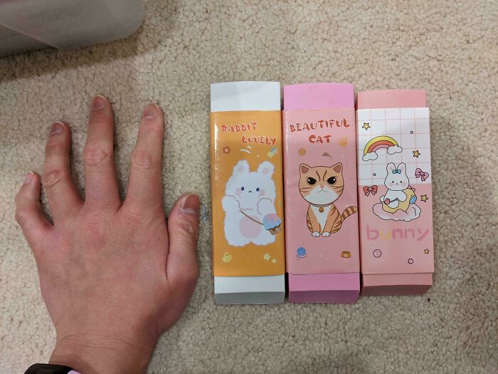 Hand next to three small, animal-themed erasers, showing a common size discrepancy from Temu or AliExpress orders.
