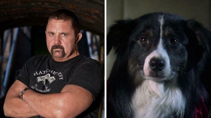 Man with serious expression and mustache stands with arms crossed beside a close-up of a black and white dog’s face.