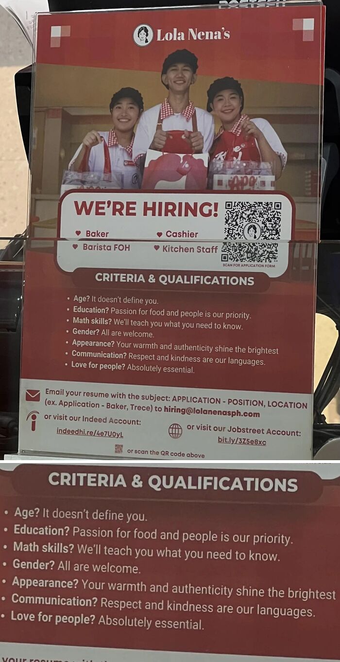 Three smiling employees in red uniforms promote hiring at Lola Nena's, with text about job openings and qualifications.