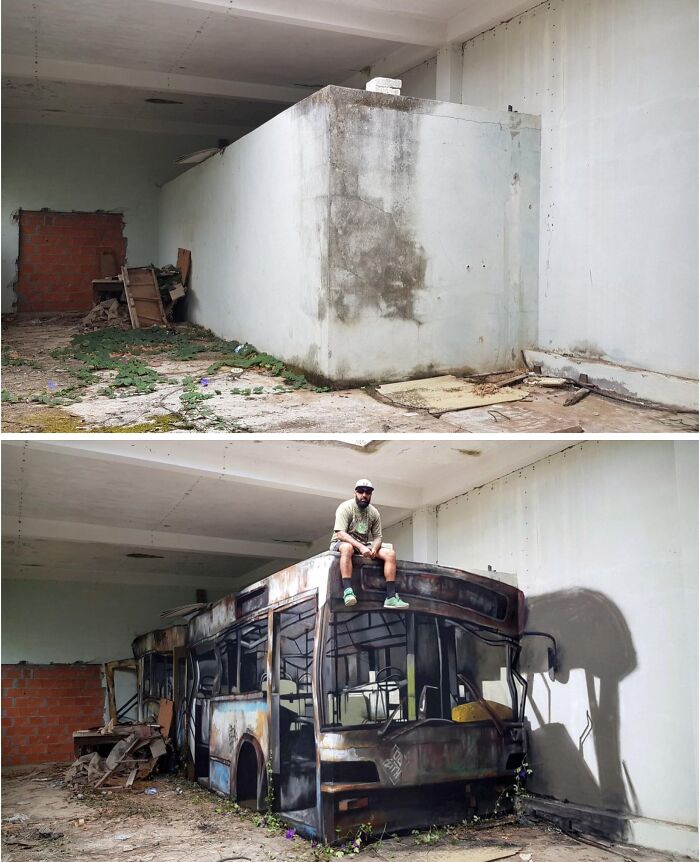 Man sitting on a realistic bus mural in an abandoned building, illustrating an optical illusion in urban art.