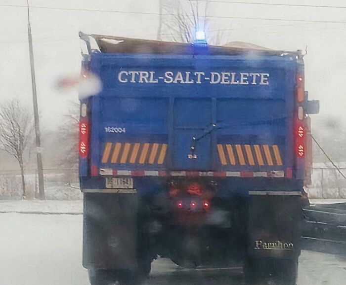 Blue snow plow truck with the humorous phrase CTRL-SALT-DELETE on the back during a snowy devil sunrise scene.