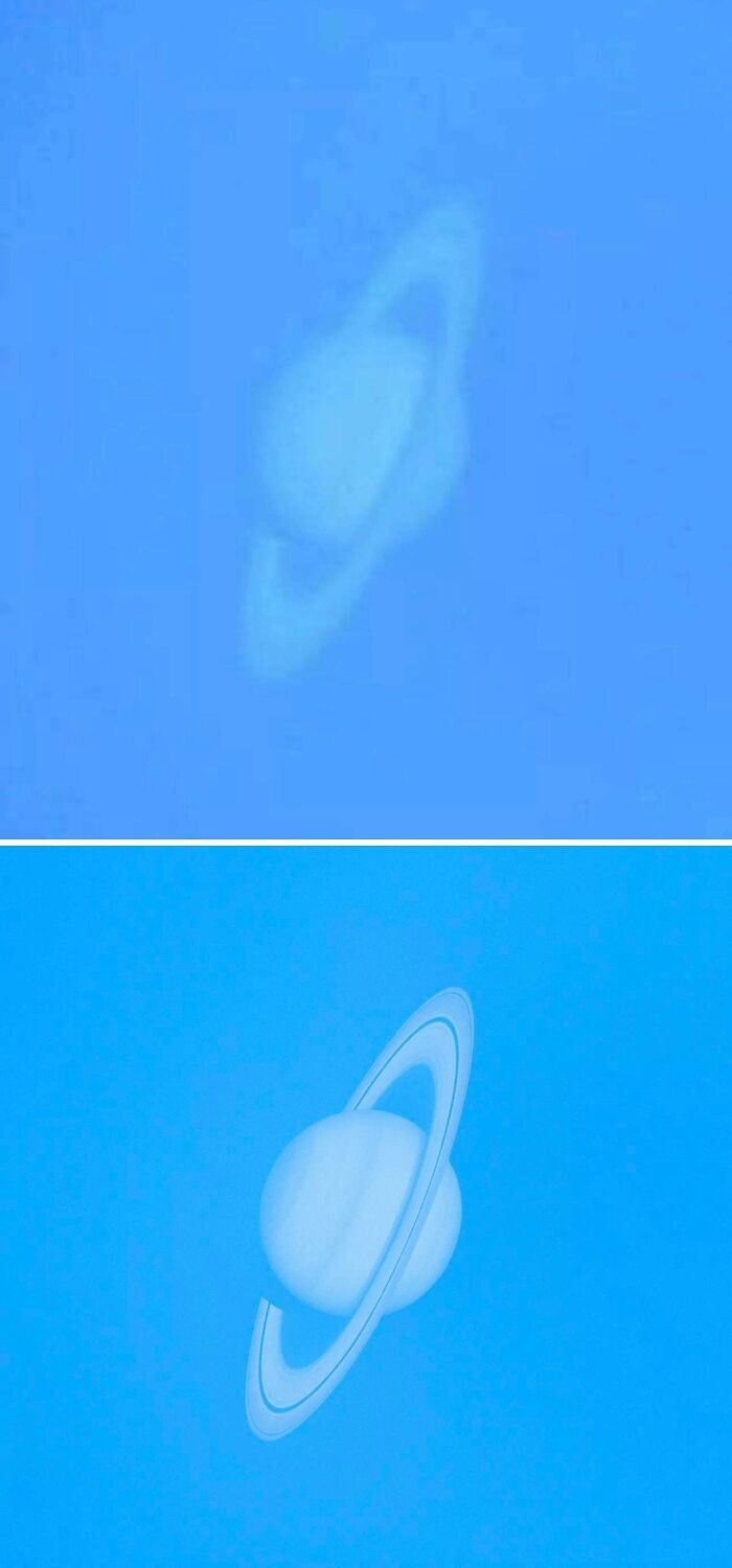 Faint cloud formation resembling a planet with rings against a clear blue sky during devil sunrise.