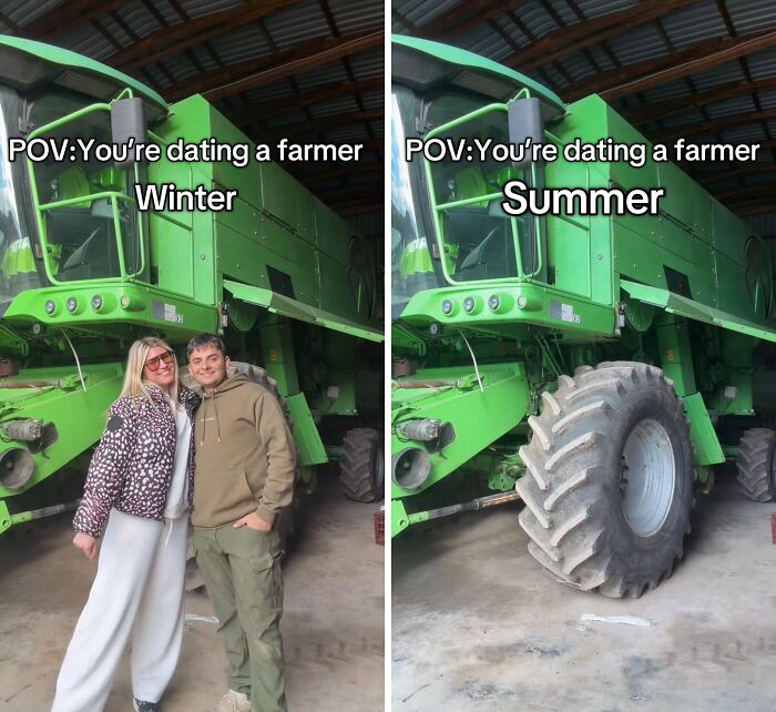 A split image for a city kid: Winter shows a couple by a farm combine; Summer shows the empty combine.