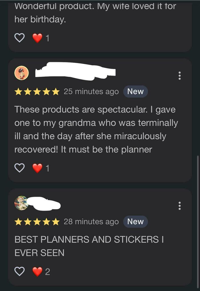 Three user reviews on a dark background, two showing 5-star ratings and enthusiastic reviews, one new. Hilariously honest reviews.