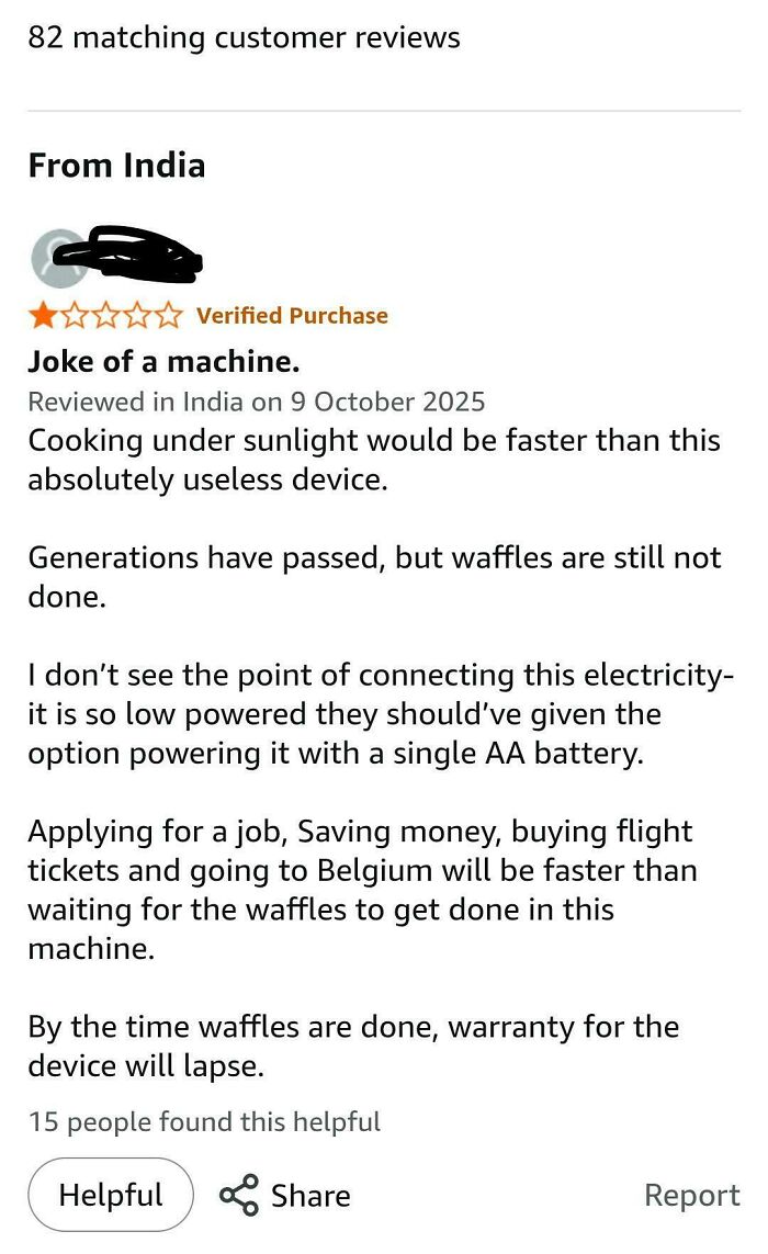 A hilarious honest review of a disappointing waffle maker from an Indian customer, giving it one star on Amazon.