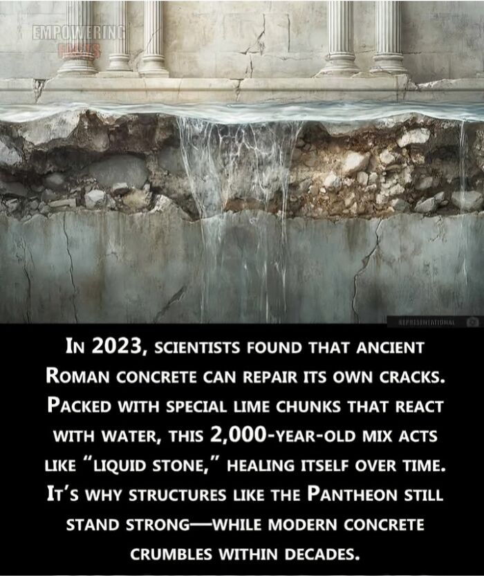 Ancient Roman concrete repairing its own cracks with lime chunks reacting to water, showing durable natural healing process.