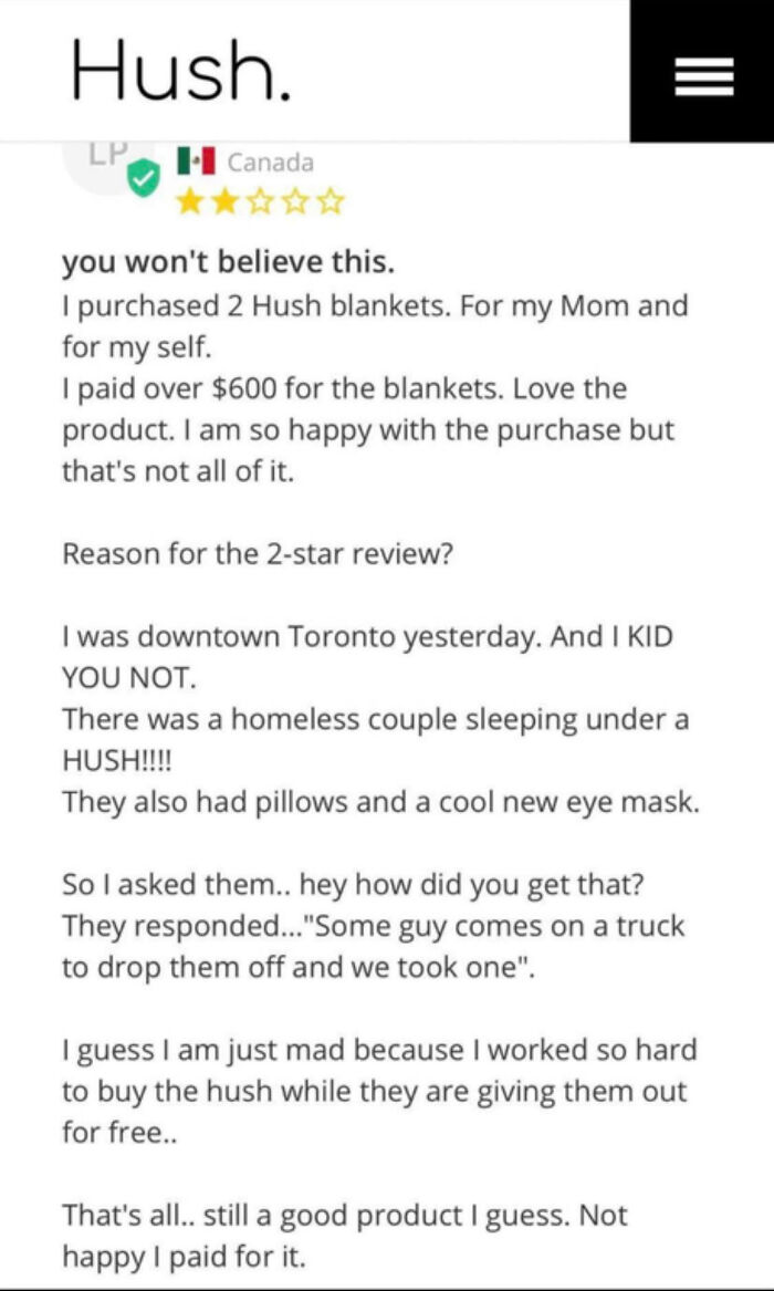 A 2-star review for Hush blankets, detailing a user's purchase and disappointment about others getting them for free. Hilariously honest review.