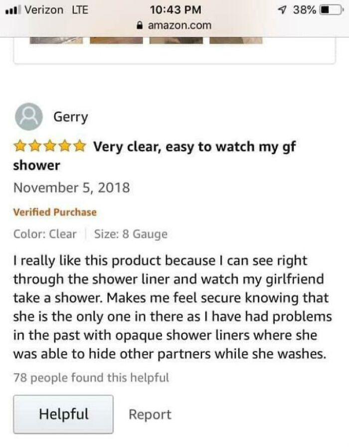 An Amazon review with a five-star rating, stating "Very clear, easy to watch my gf shower." This is one of the honest reviews.