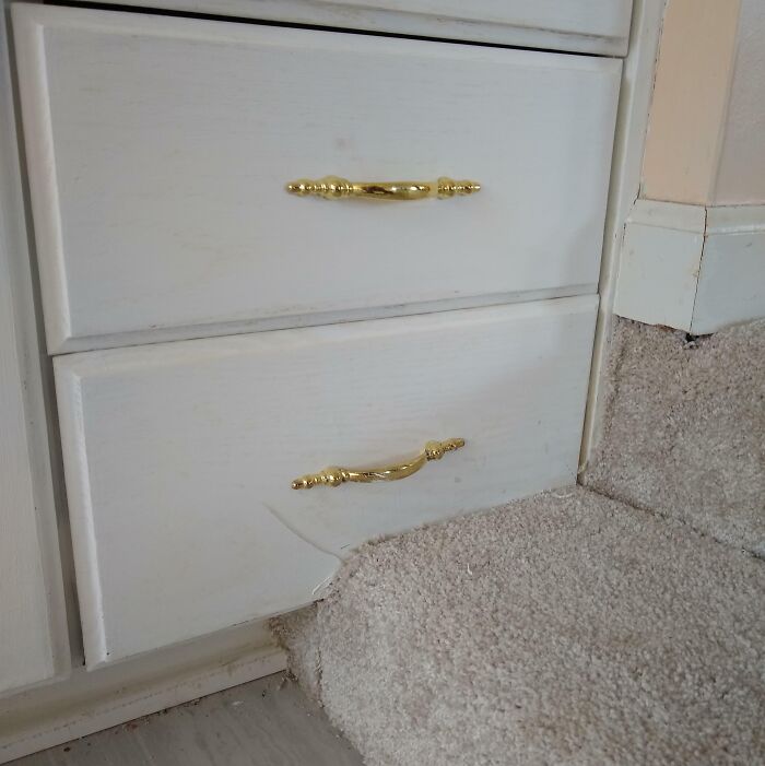A white cabinet with two drawers, featuring gold handles, with the bottom drawer cut to fit around the carpet, showing home improvement fails.
