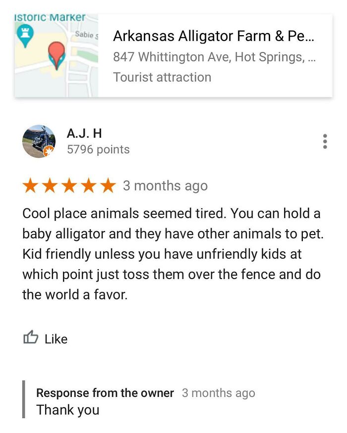 A screenshot of a humorous online review for the Arkansas Alligator Farm & Petting Zoo, with honest reviews for the tourist attraction.