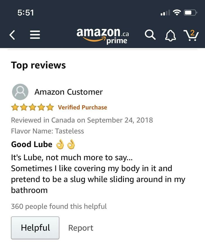 An Amazon customer review describing "Good Lube" and pretending to be a slug in the bathroom. Hilariously honest reviews.