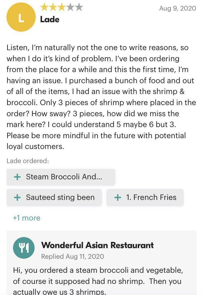A restaurant review where a customer is disappointed about missing shrimp, reflecting a huge disappointment in food reviews.