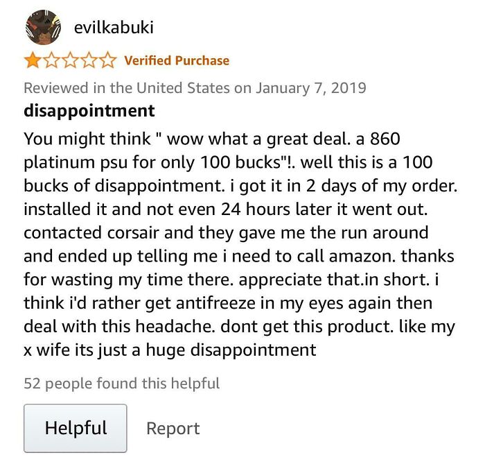 A hilarious, honest product review showing a huge disappointment, like an ex-wife, with a low rating and user feedback.