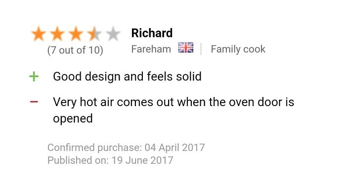 A product review from Richard, rating 7 out of 10. He highlights good design but calls hot air a huge disappointment.