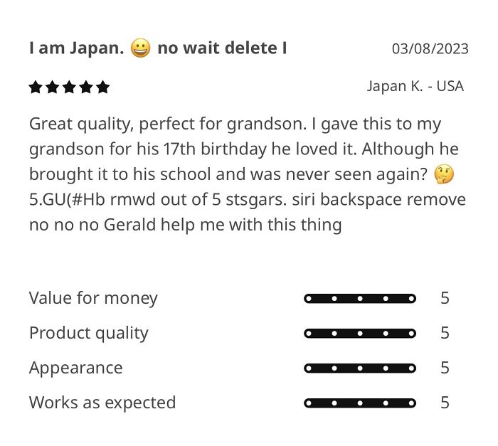 A customer review with 5 stars and comments like "Great quality" and "never seen again?", reflecting honest reviews.