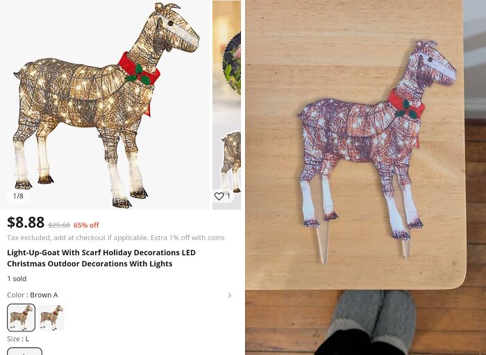 Temu or AliExpress expectation vs. reality: a large light-up goat vs. a tiny flat cutout. Lesson learnt.