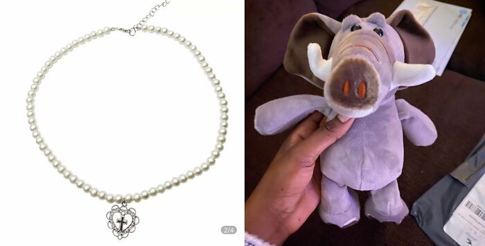 Advertised pearl necklace with cross pendant vs. received plush elephant toy from Temu Or AliExpress orders.