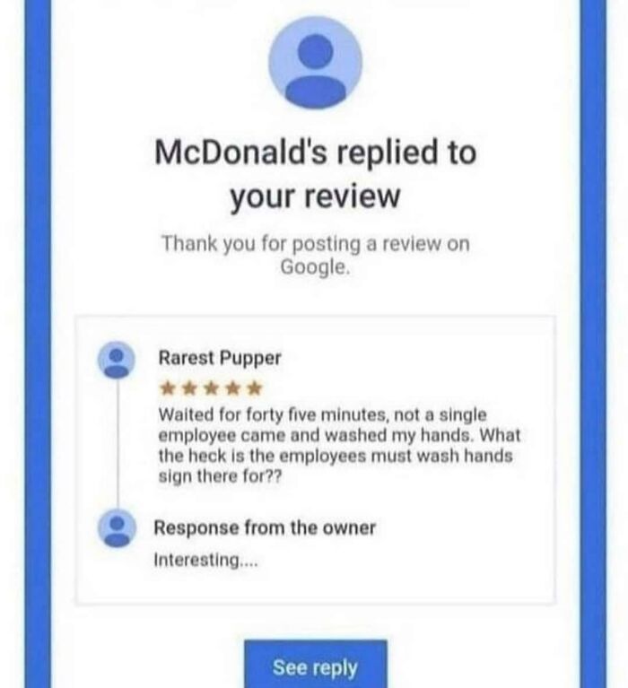 A Google review showing a customer's huge disappointment with McDonald's and the owner's terse reply. Hilariously honest reviews.