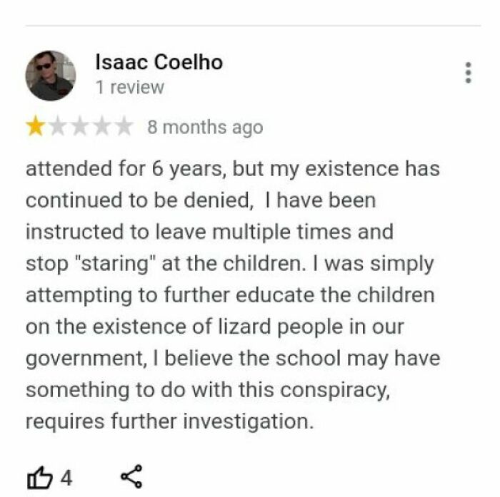 A humorous review by Isaac Coelho, a huge disappointment to the school, who claims his existence was denied for 6 years.