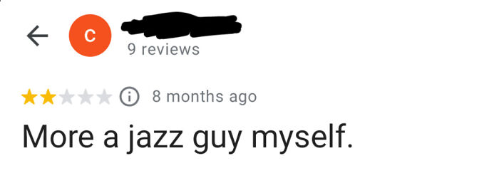 A 2-star rating review reads, "More a jazz guy myself." A humorous take on reviews, like many honest reviews.