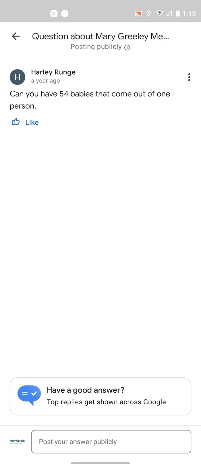 A screenshot showing a discussion on "Mary Greeley Me..." with a question about having 54 babies. This reflects hilariously honest reviews.