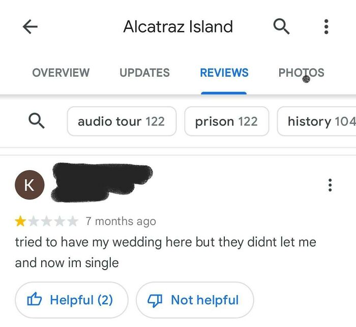 Alcatraz Island review, a hilarious disappointment about a rejected wedding, sparking honest reviews.