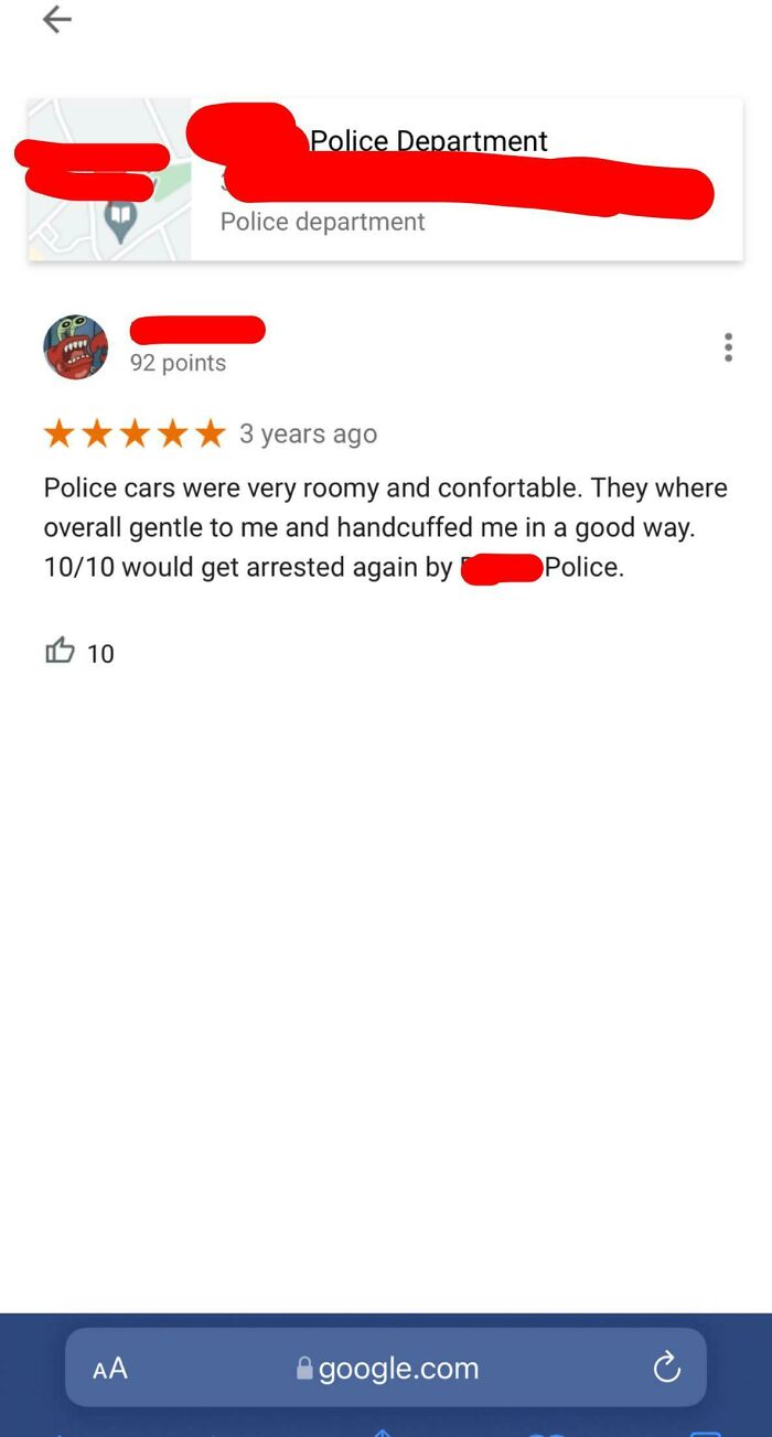 A police department review with five stars, praising police cars and treatment. A truly hilarious review, not a disappointment.