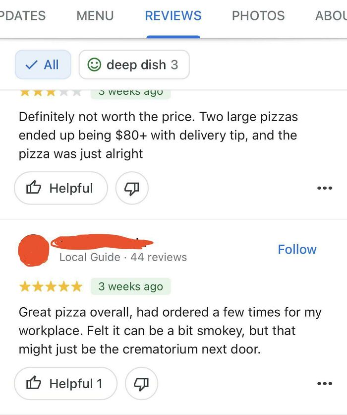 Screenshot of honest reviews for a deep dish pizza restaurant, featuring disappointing and hilarious customer feedback.