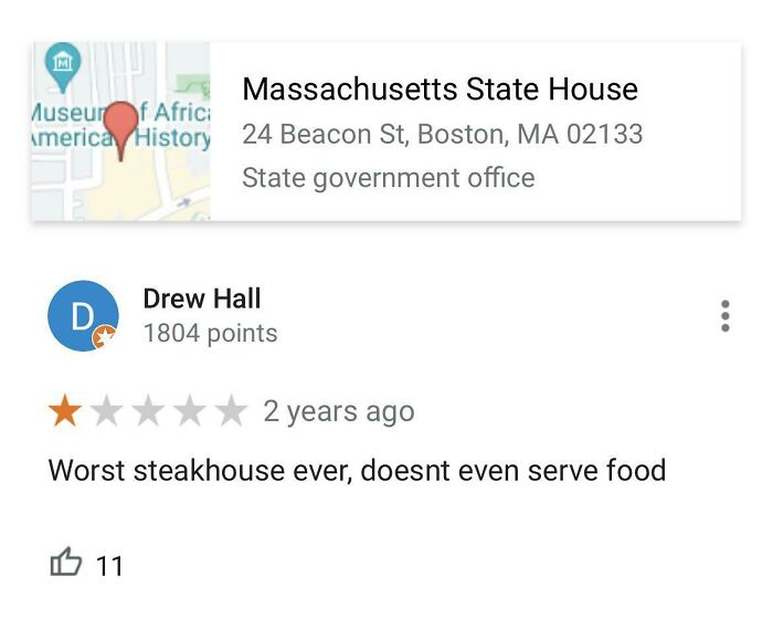 A Google Maps review of the Massachusetts State House with a 1-star rating and a review calling it a huge disappointment.