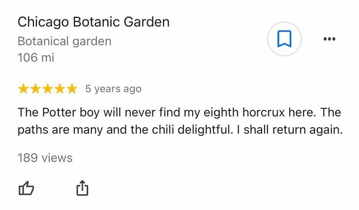 A 5-star Google review for Chicago Botanic Garden, a hilariously honest review comparing it to an ex-wife.