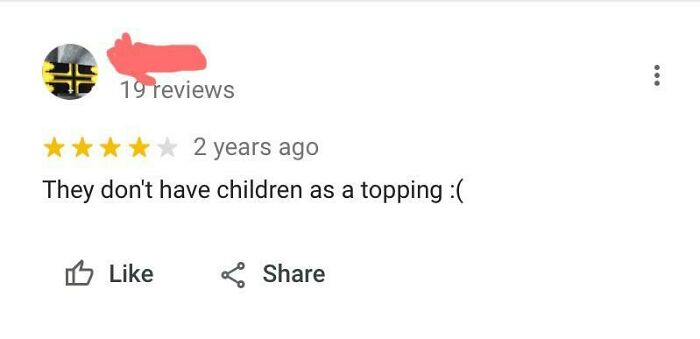 A 4-star review states, They don't have children as a topping :( - a huge disappointment, highlighting honest reviews.