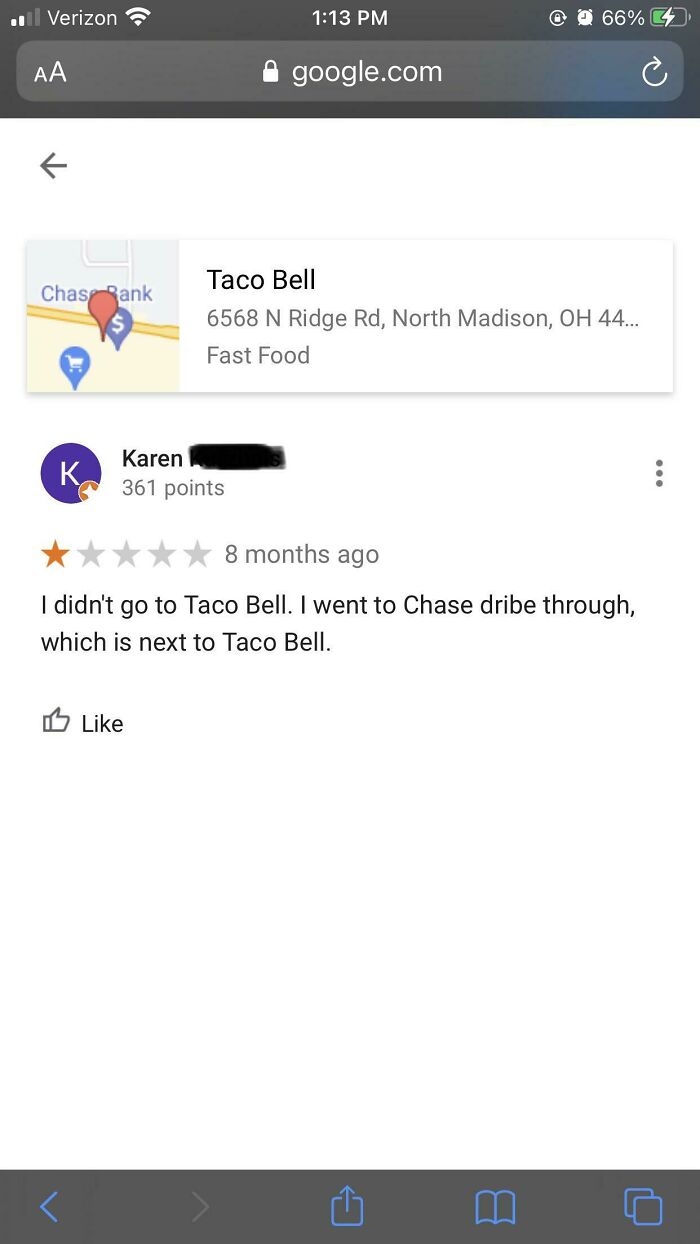 A screenshot of a Google review for Taco Bell from a user named Karen, one of many hilariously honest reviews.