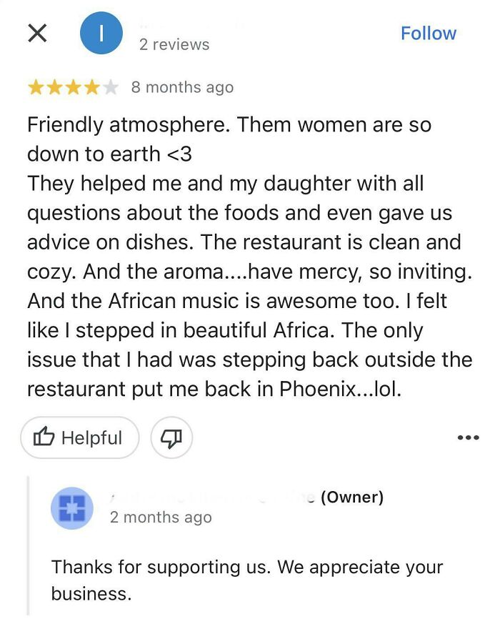 A positive customer review with five stars, praising friendly atmosphere and African music. This review contrasts with disappointment.