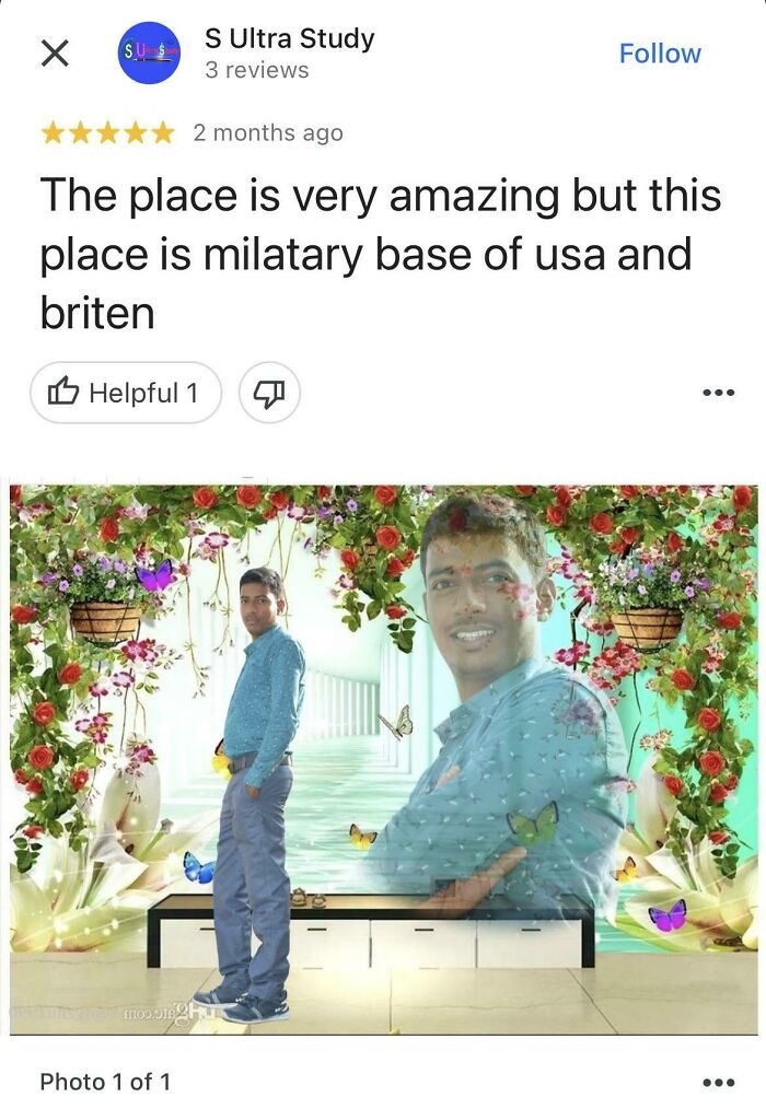 A surreal image of two men in a floral archway with butterflies, illustrating a hilariously honest review.