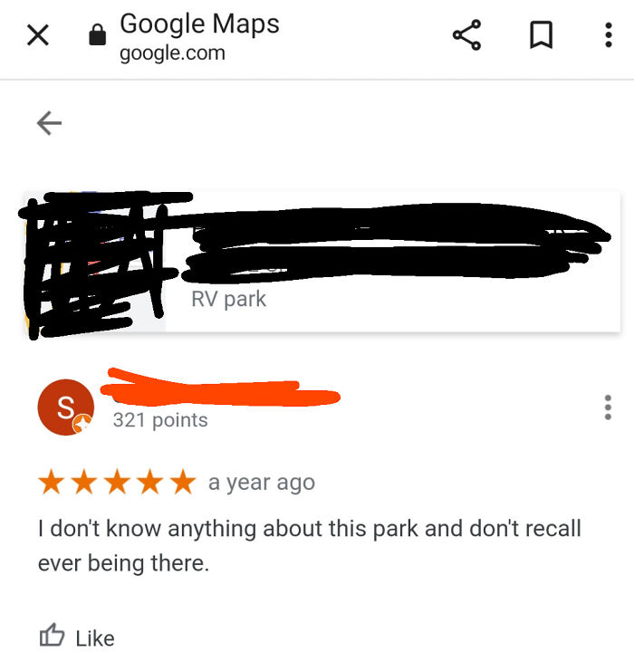 A Google Maps review showing five stars for an RV park with the text, "I don't know anything about this park," highlighting a humorous review.