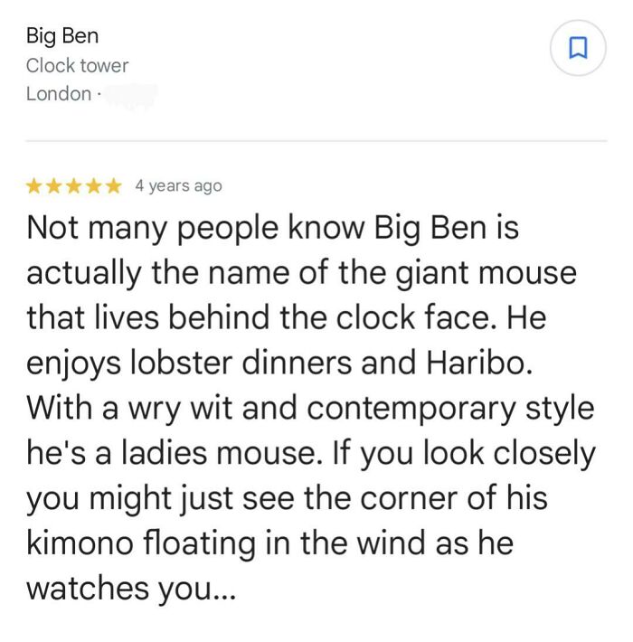 A Google review for Big Ben, sharing a hilarious, honest review of a mouse. It's a huge disappointment not to know this!