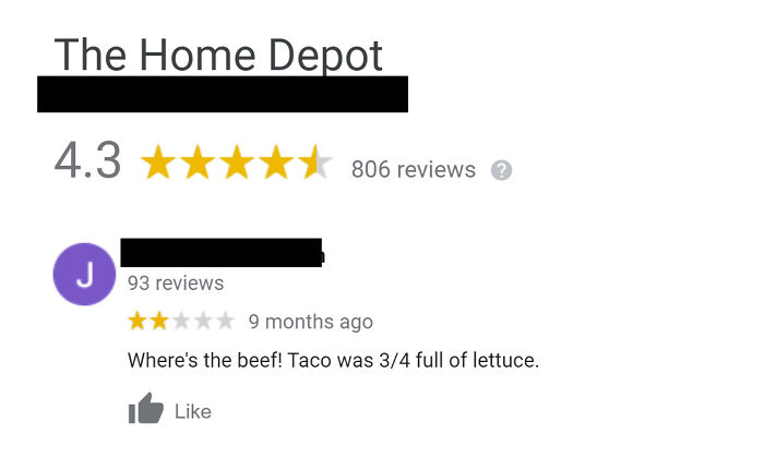 A screenshot showing a Home Depot review, with a user giving two stars and expressing disappointment: "Where's the beef! Taco was 3/4 full of lettuce."