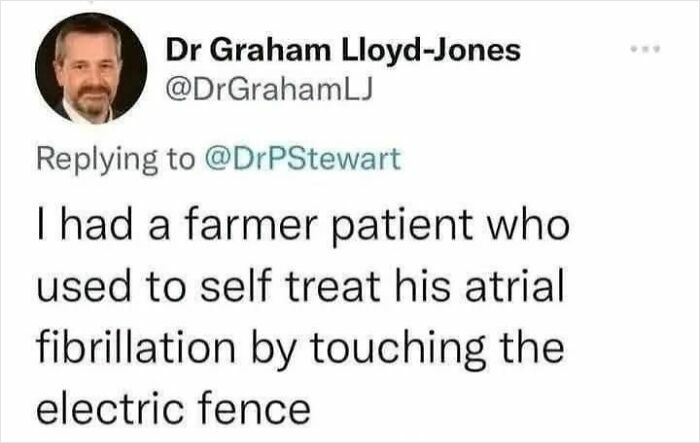A screenshot of a tweet from Dr Graham Lloyd-Jones, sharing a farmer patient's unusual self-treatment, relatable for live on a farm humor.