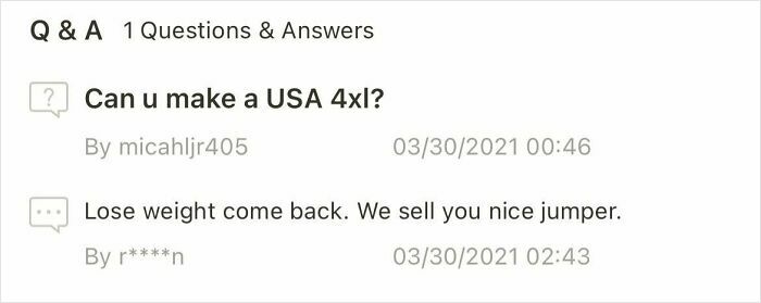 Q&A section showing a customer's size request met with a harsh response, common with Temu Or AliExpress orders.