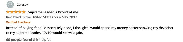 An Amazon review from Catesby with a 5-star rating, titled "Supreme leader is Proud of me." A truly honest review.