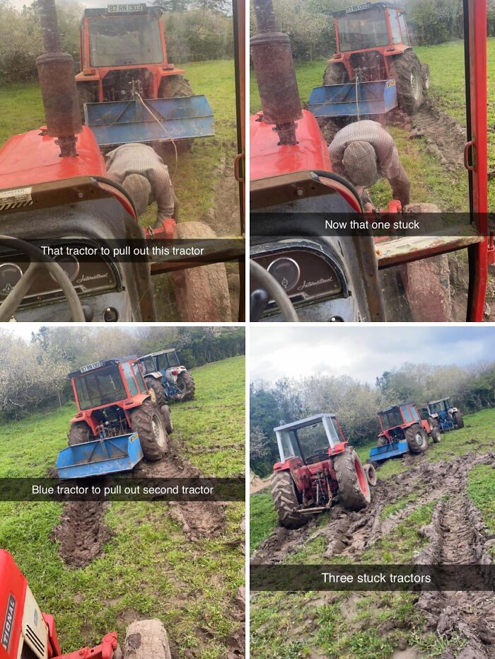 Four images of tractors stuck in deep mud on a farm, an example of living on a farm.