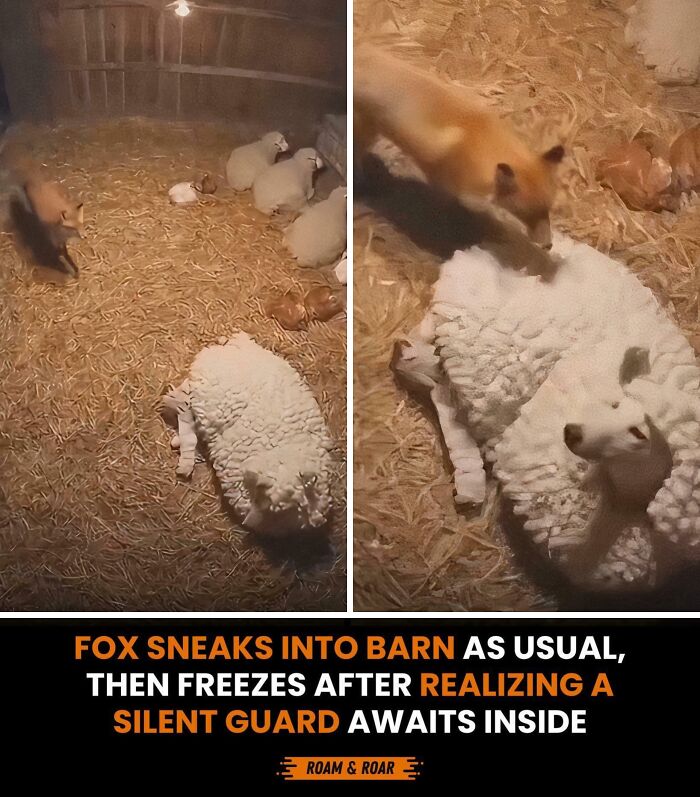 A fox sneaking into a barn only to find a sheepdog hidden among the sheep. City kids won't understand this farm life moment.