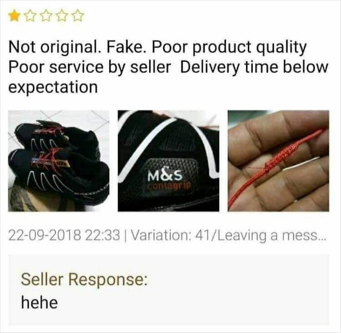 Fake shoes and poor quality items ordered from Temu or AliExpress shown in a 1-star review, with a seller's sarcastic response.