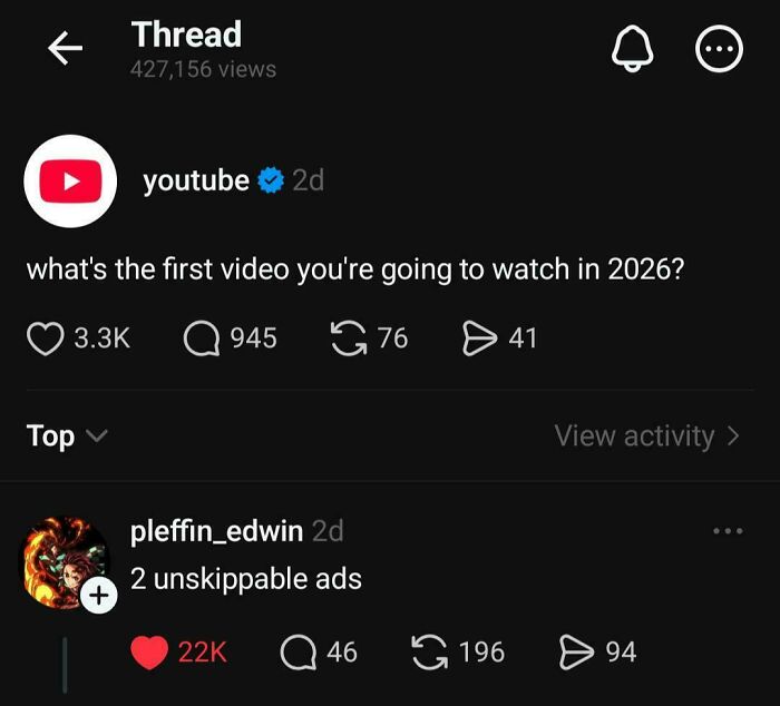 A YouTube thread asks about the first video in 2026. A user replies, 2 unskippable ads, an epic burn.