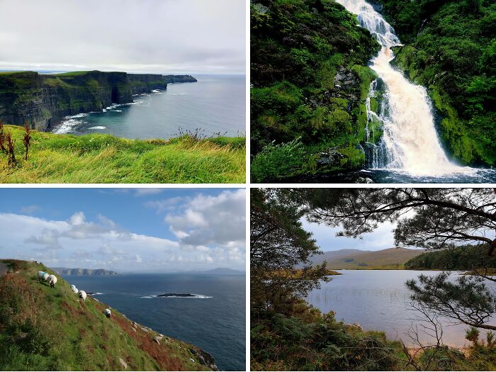 Four breathtaking travel photos of diverse landscapes including cliffs, a waterfall, sheep on a hill, and a serene lake.