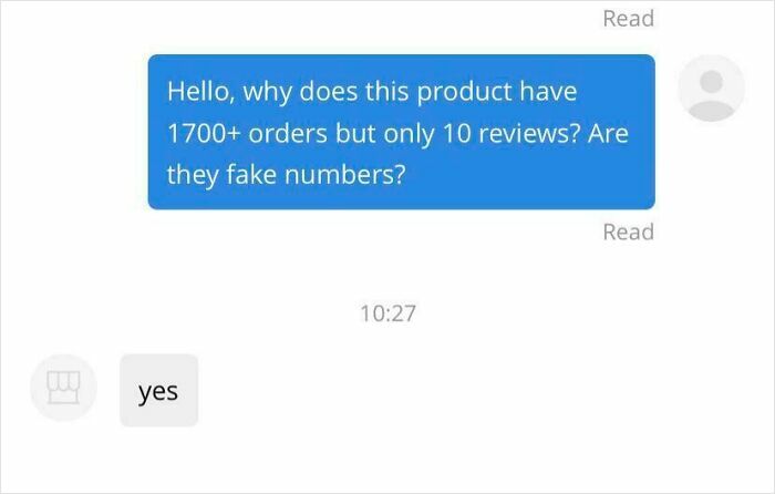 Chat shows seller admitting to fake product orders and reviews, a frequent issue when ordering from Temu or AliExpress.